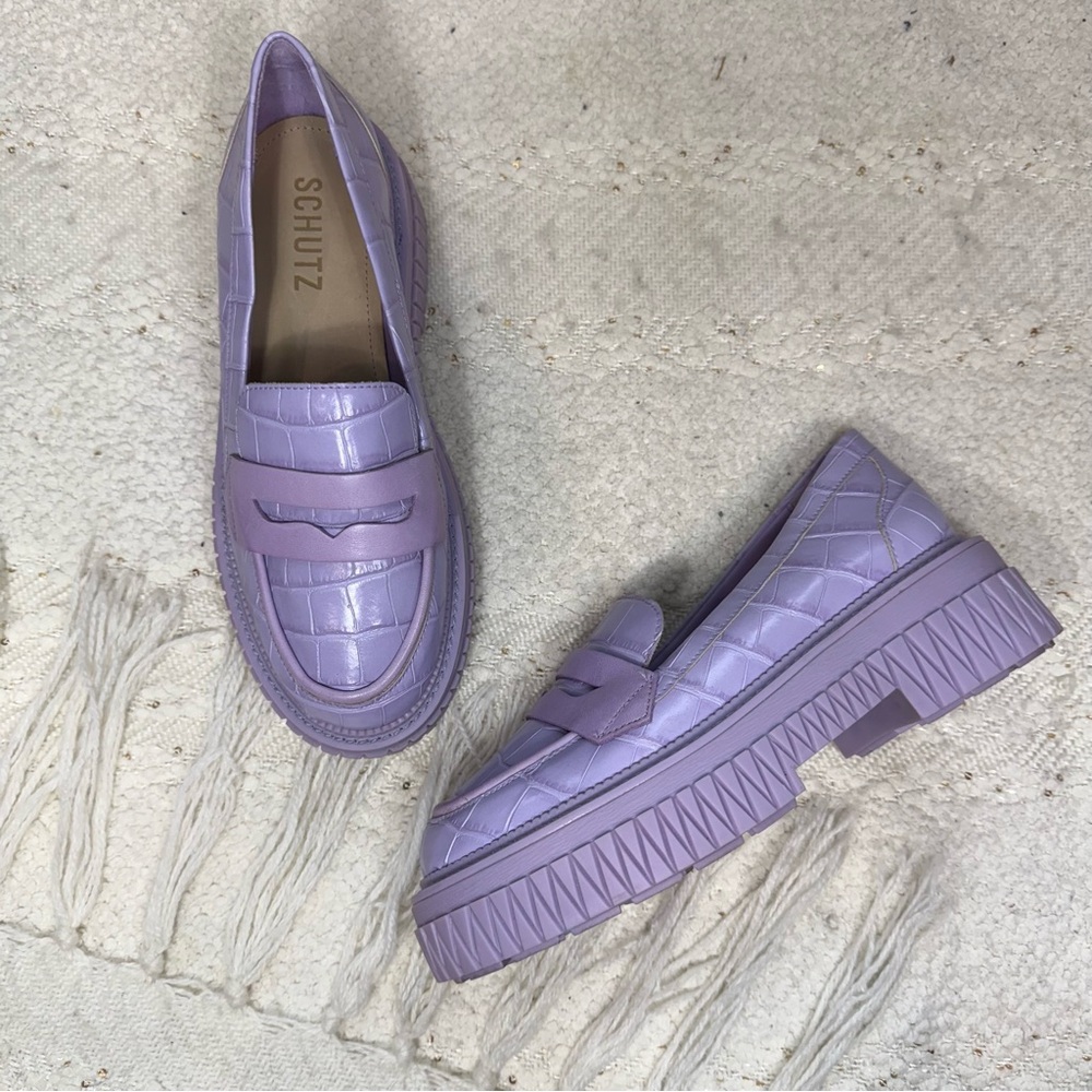 Schutz Shoes Purple Croc Embossed Leather Platform Penny Loafers 6